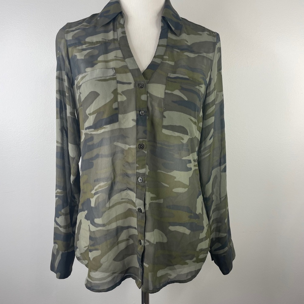 Express The Portofino Shirt Womens Small Camo‎ Sheer Roll Tab Button Up Blouse